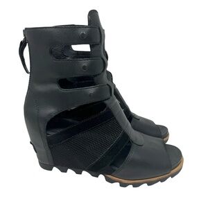 Sorel Joanie Gladiator Wedge Sandals Black Leather Mesh Women’s 6.5